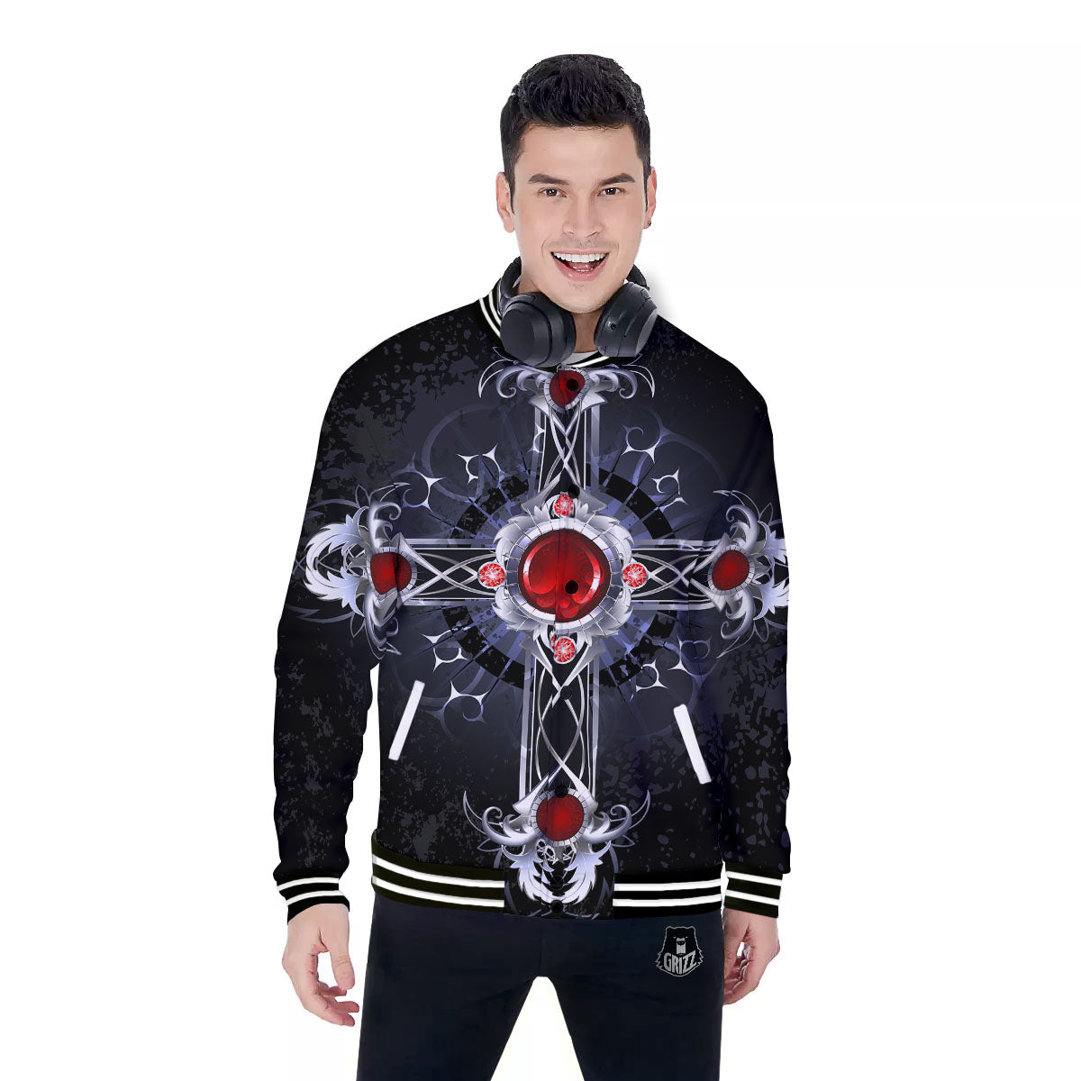 Silver Cross Ornamental Print Baseball Jacket-grizzshop