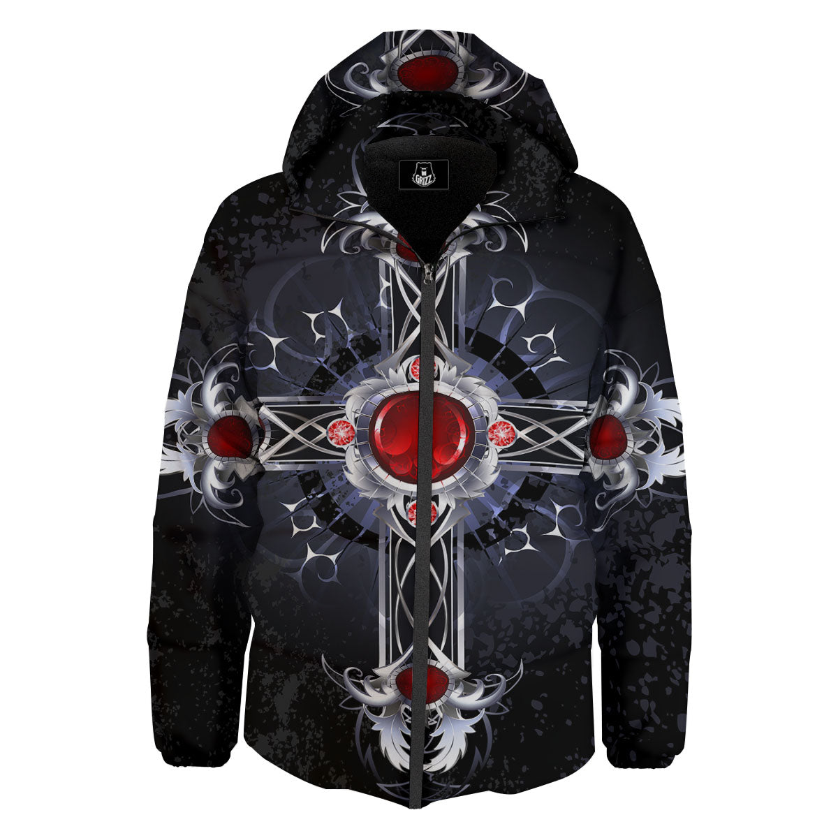 Silver Cross Ornamental Print Down Jacket-grizzshop