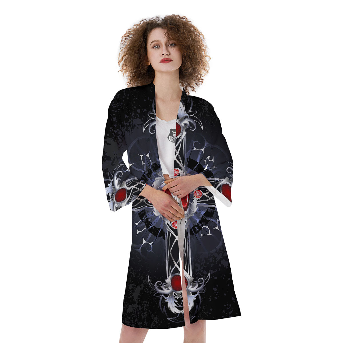 Silver Cross Ornamental Print Kimono-grizzshop