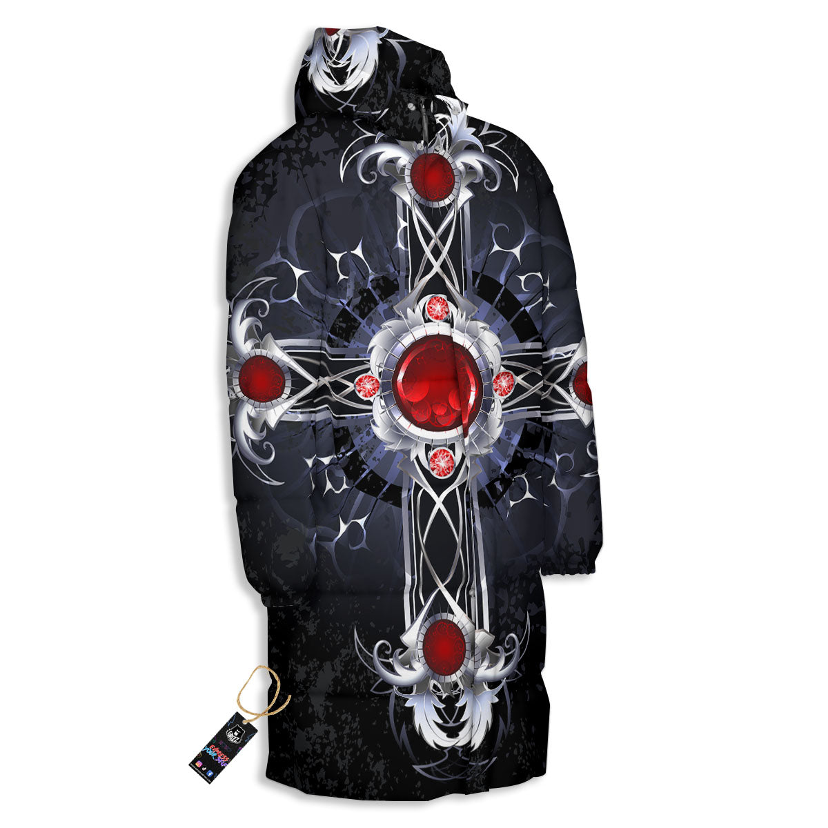 Silver Cross Ornamental Print Long Down Jacket-grizzshop