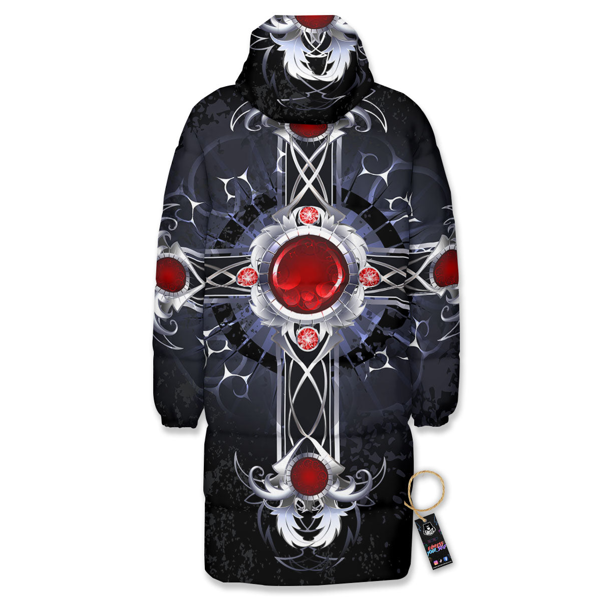 Silver Cross Ornamental Print Long Down Jacket-grizzshop