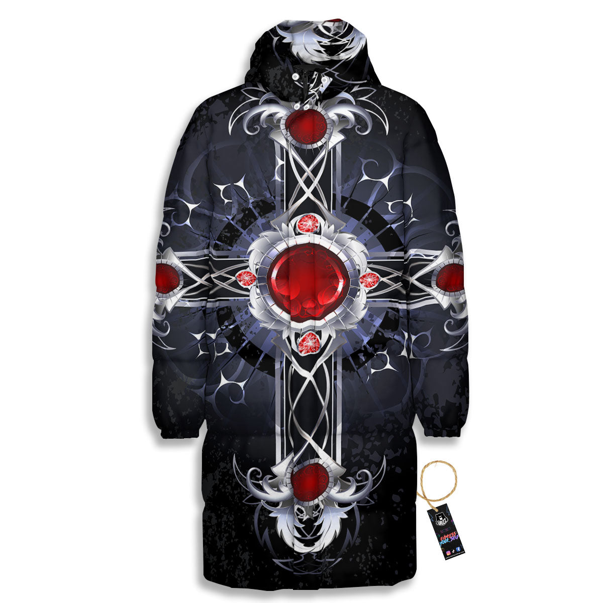 Silver Cross Ornamental Print Long Down Jacket-grizzshop