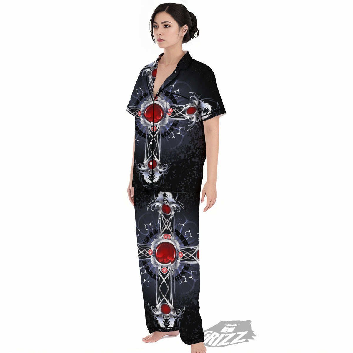Silver Cross Ornamental Print Women's Pajamas Set-grizzshop