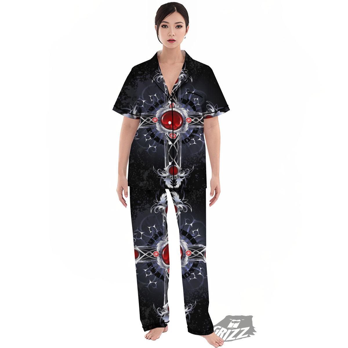 Silver Cross Ornamental Print Women's Pajamas Set-grizzshop