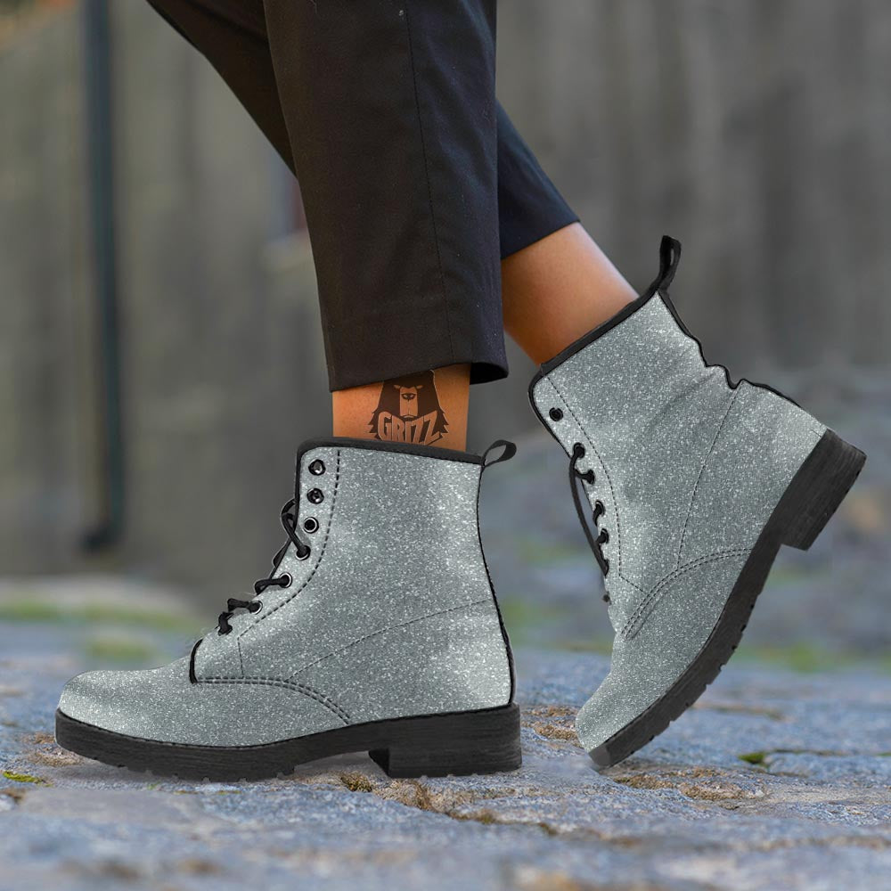 Silver Glitter Artwork Print Leather Boots-grizzshop