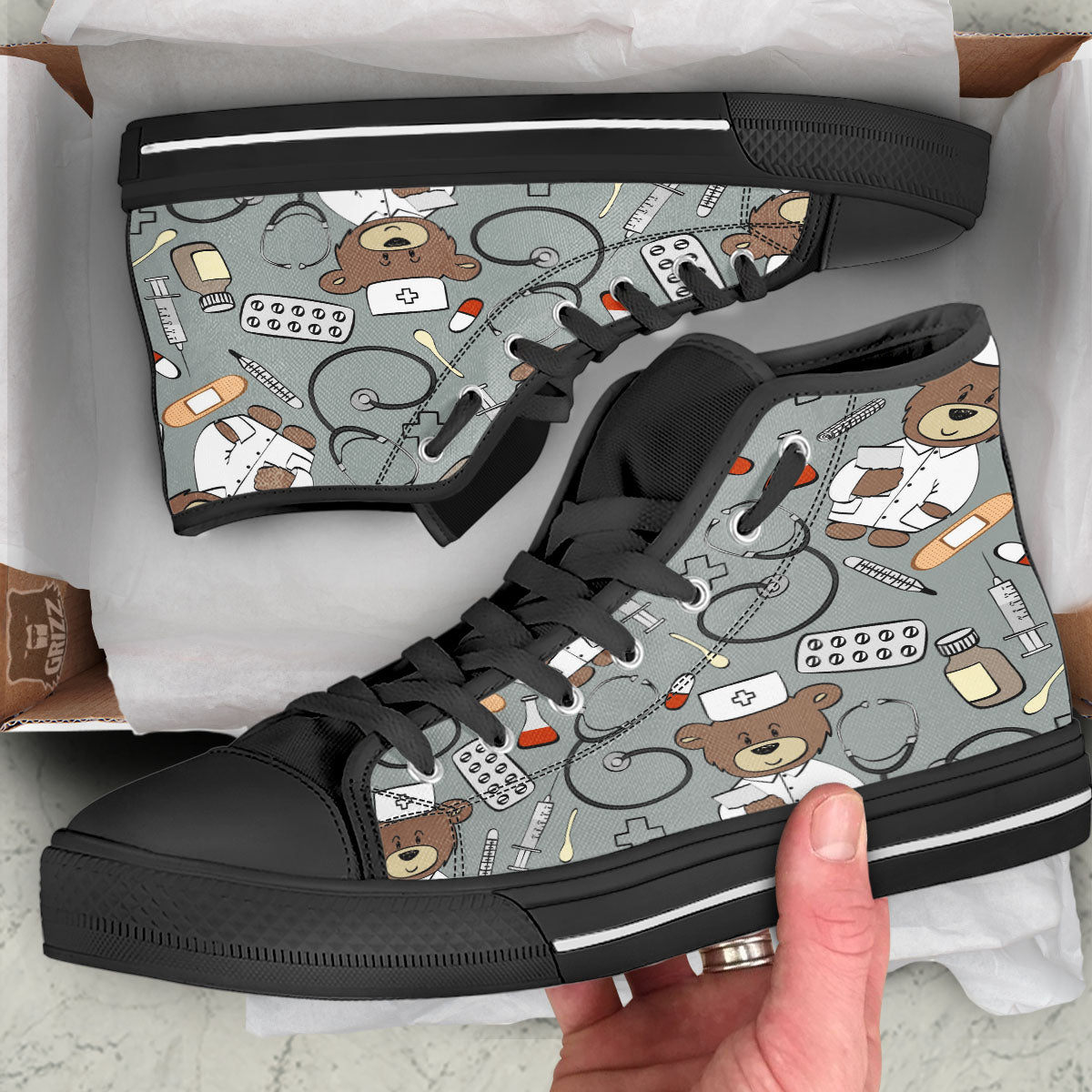 Silver Teddy Bear Nurse Black High Top Shoes-grizzshop