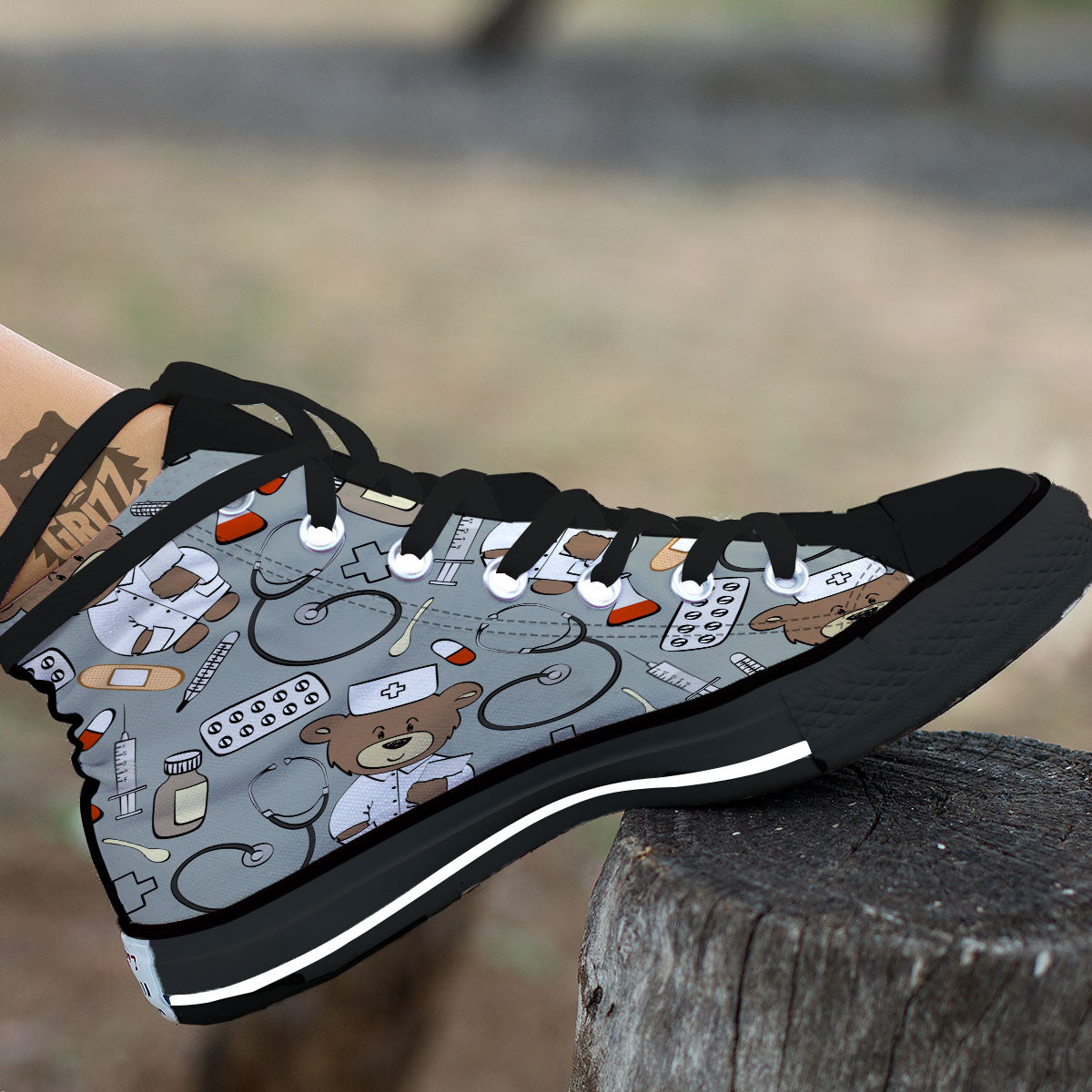 Silver Teddy Bear Nurse Black High Top Shoes-grizzshop
