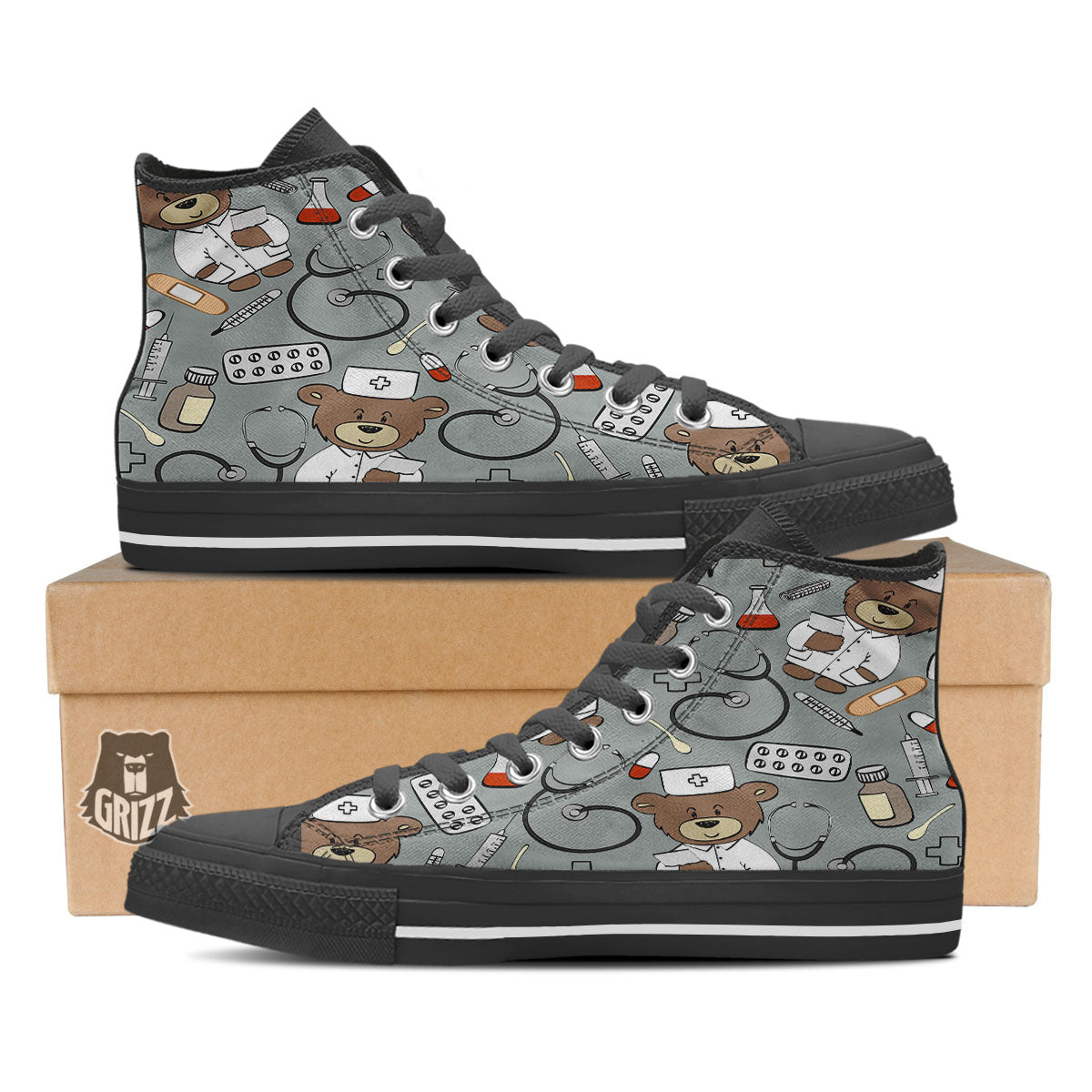 Silver Teddy Bear Nurse Black High Top Shoes-grizzshop
