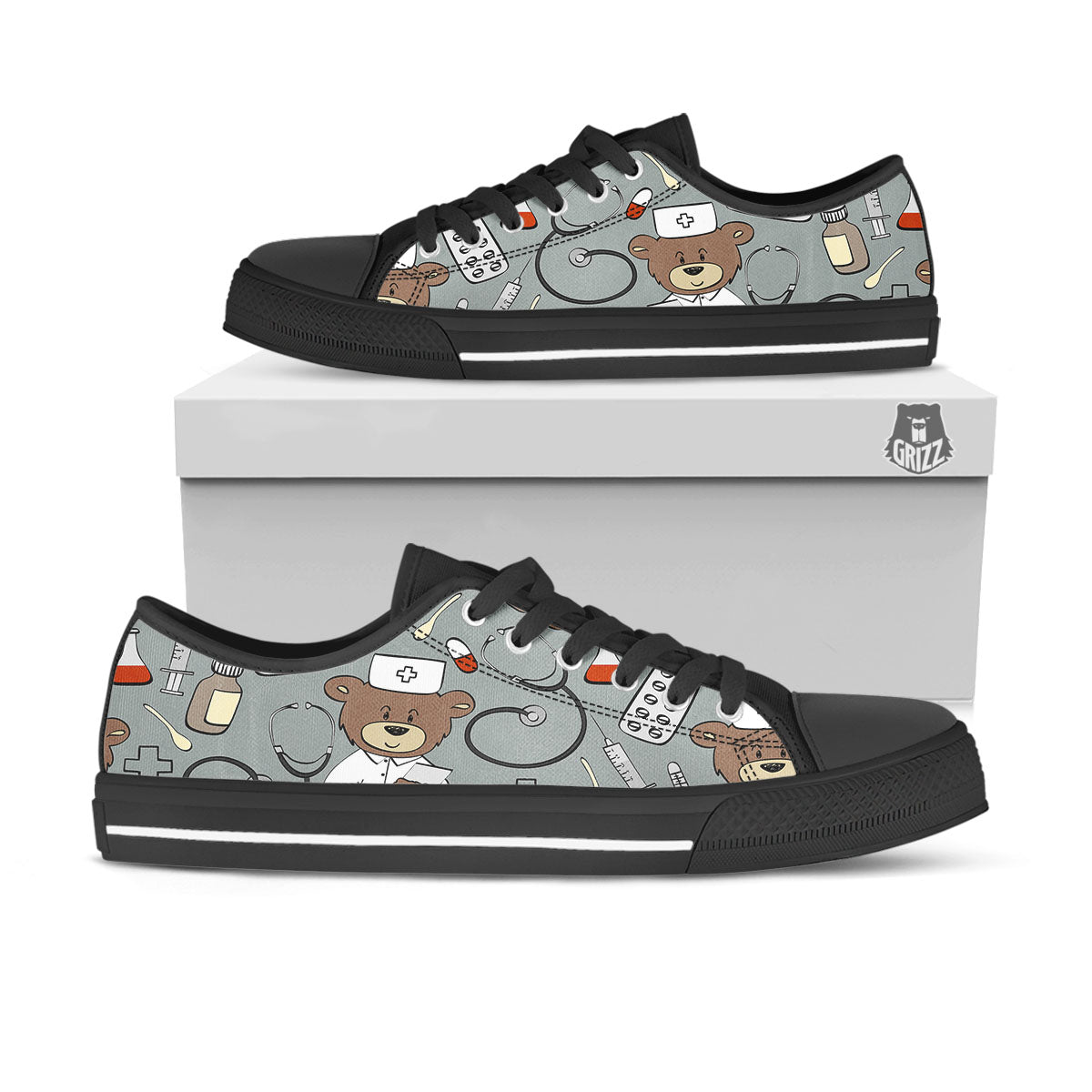 Silver Teddy Bear Nurse Black Low Top Shoes-grizzshop