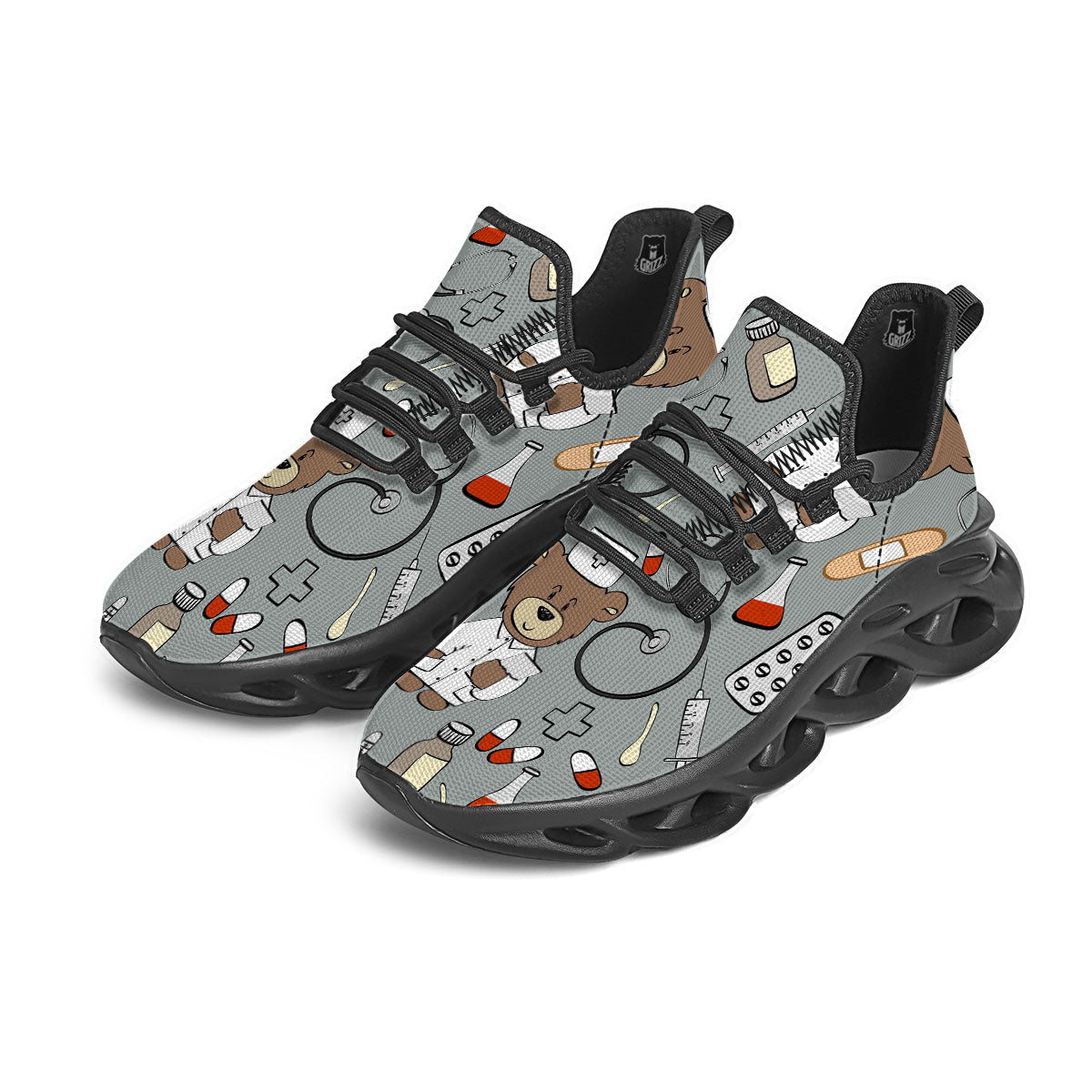 Silver Teddy Bear Nurse Black Running Shoes-grizzshop
