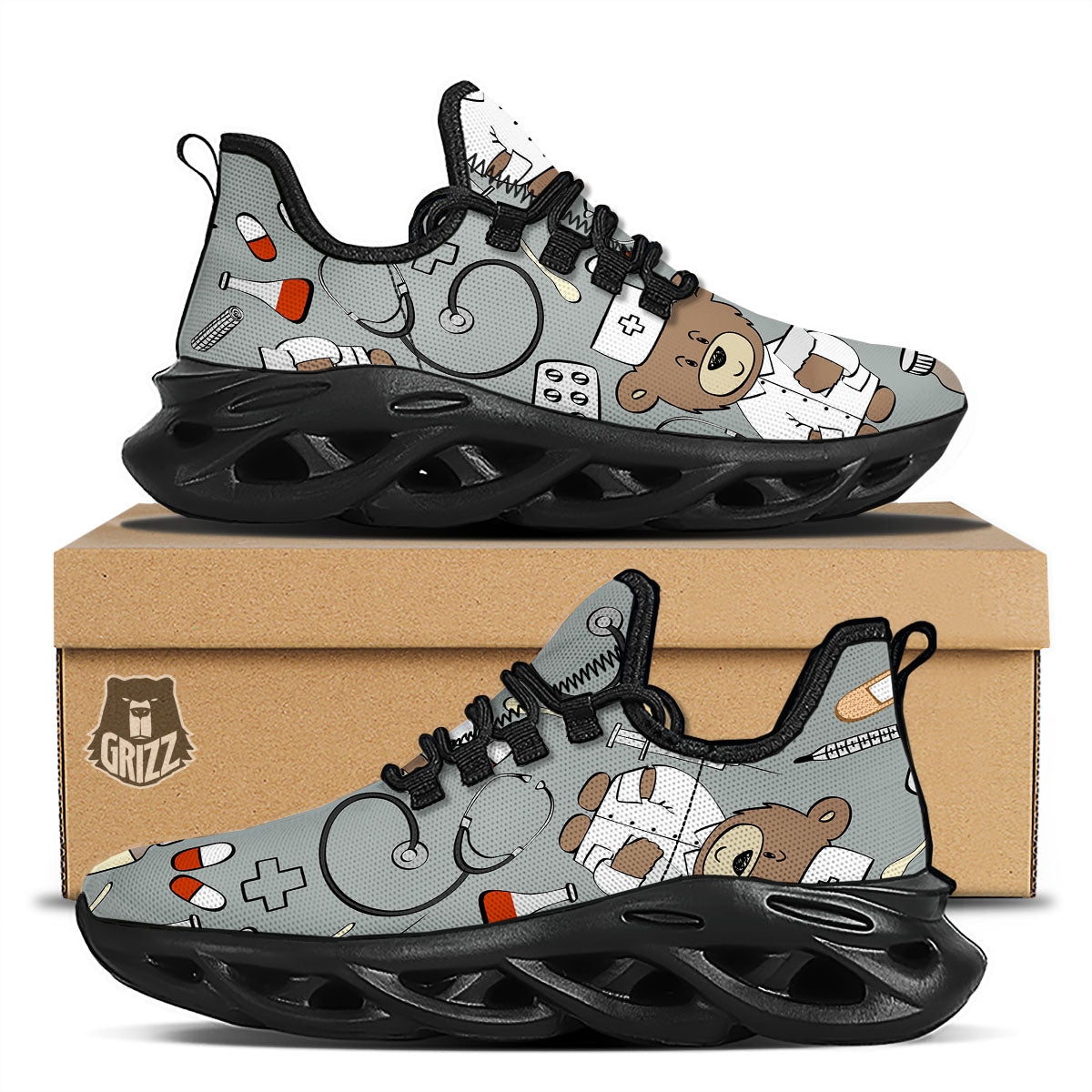 Silver Teddy Bear Nurse Black Running Shoes-grizzshop