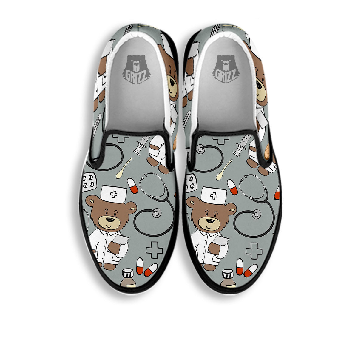 Silver Teddy Bear Nurse Black Slip On Shoes-grizzshop