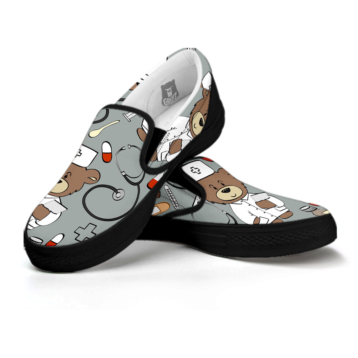 Silver Teddy Bear Nurse Black Slip On Shoes-grizzshop