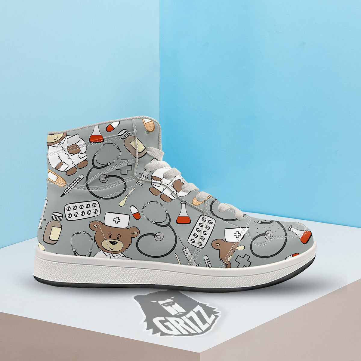 Silver Teddy Bear Nurse High Top Sneakers-grizzshop