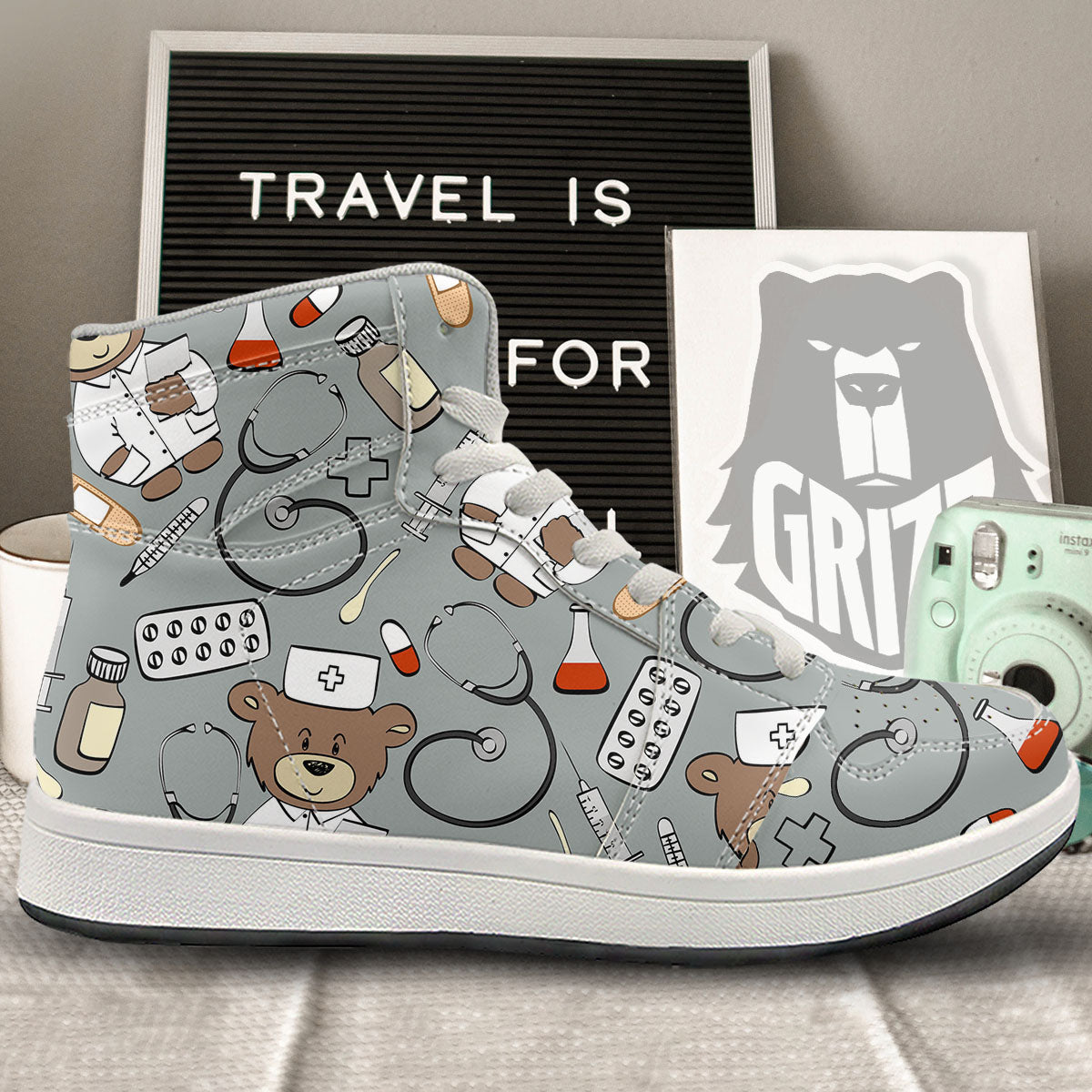 Silver Teddy Bear Nurse High Top Sneakers-grizzshop