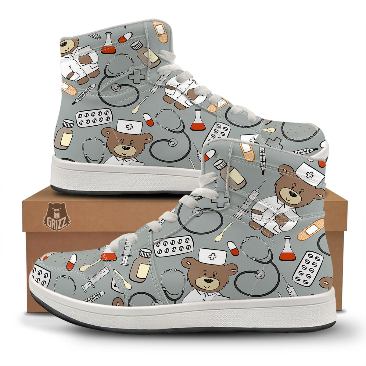 Silver Teddy Bear Nurse High Top Sneakers-grizzshop