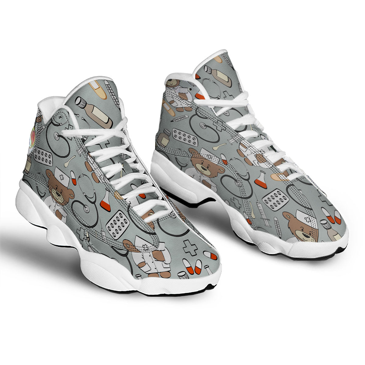 Silver Teddy Bear Nurse White Basketball Shoes-grizzshop