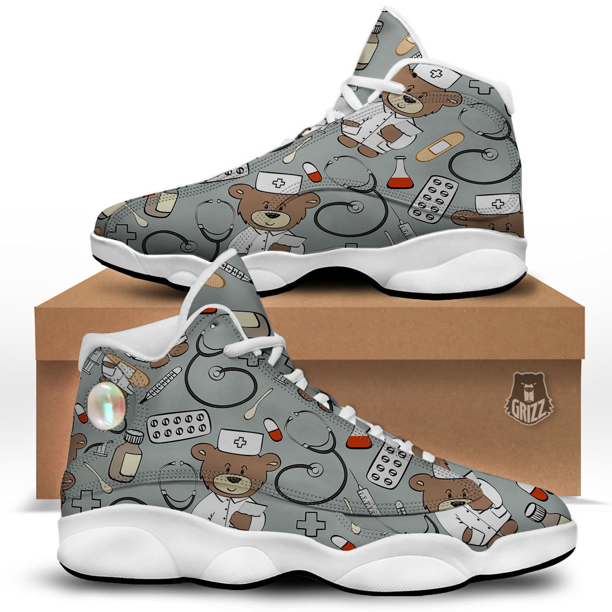 Silver Teddy Bear Nurse White Basketball Shoes-grizzshop