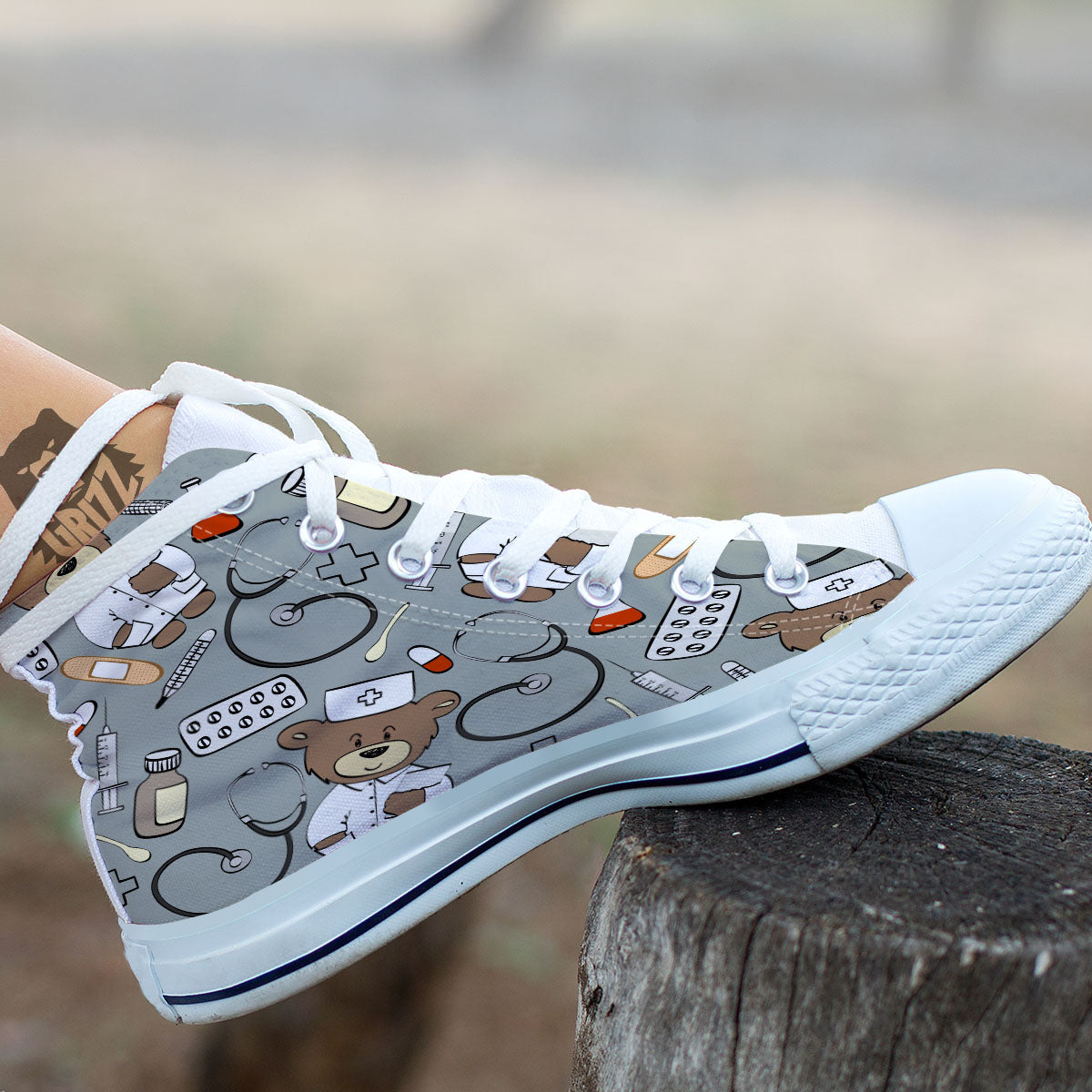 Silver Teddy Bear Nurse White High Top Shoes-grizzshop