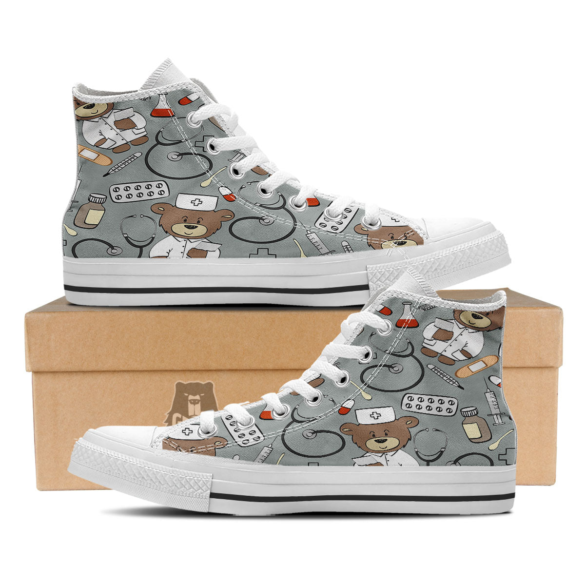 Silver Teddy Bear Nurse White High Top Shoes-grizzshop