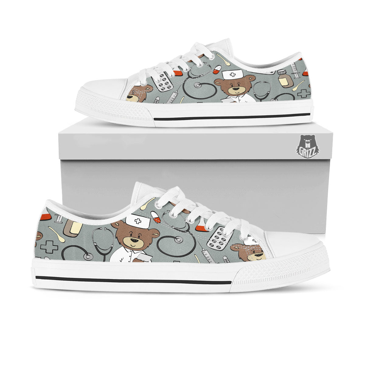 Silver Teddy Bear Nurse White Low Top Shoes-grizzshop