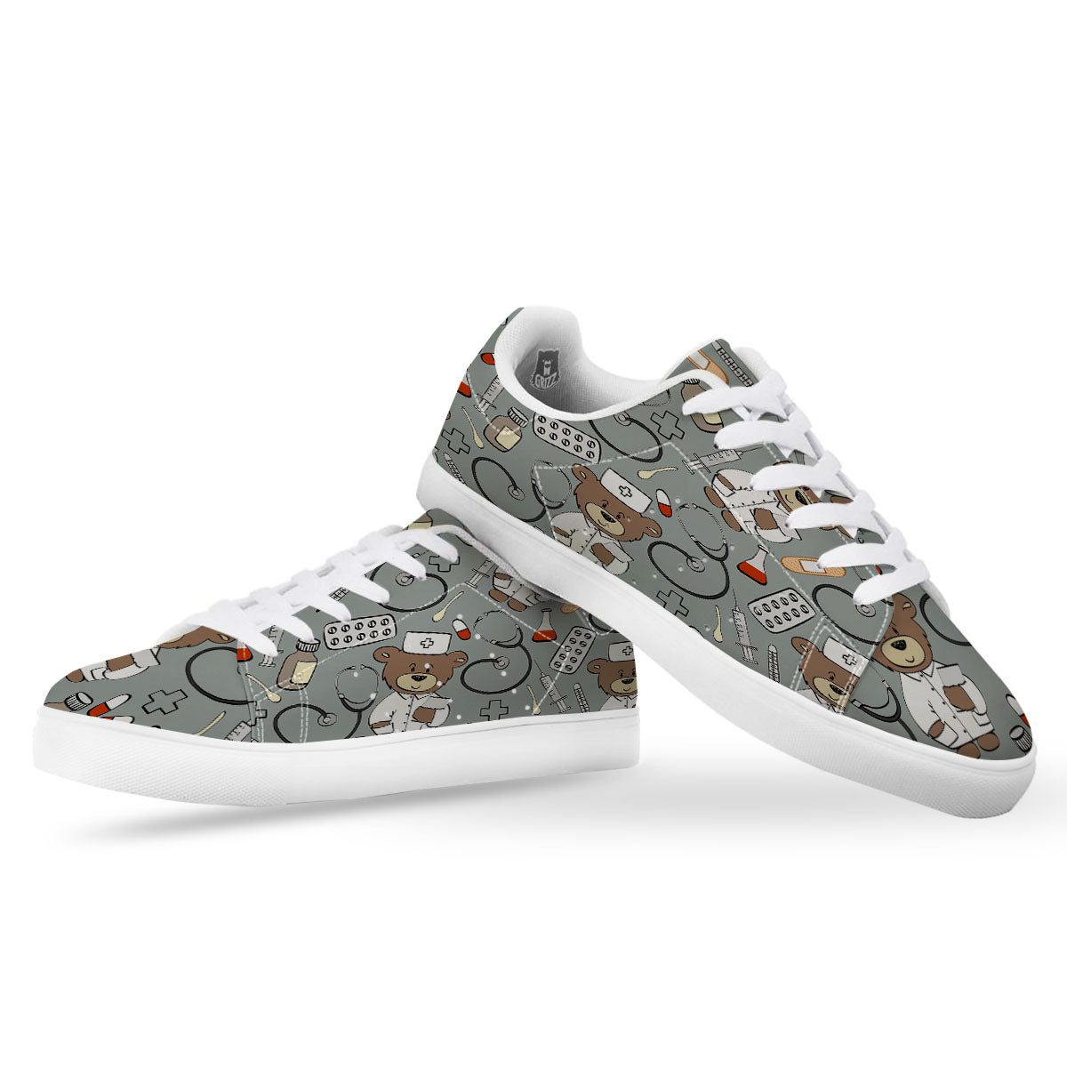 Silver Teddy Bear Nurse White Low Top Sneakers-grizzshop