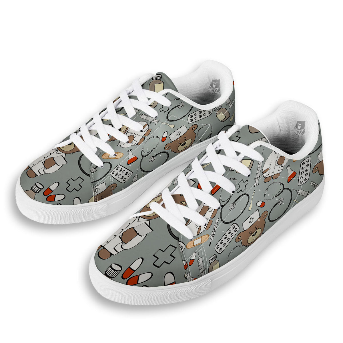 Silver Teddy Bear Nurse White Low Top Sneakers-grizzshop