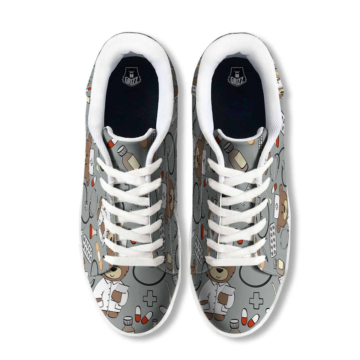 Silver Teddy Bear Nurse White Low Top Sneakers-grizzshop