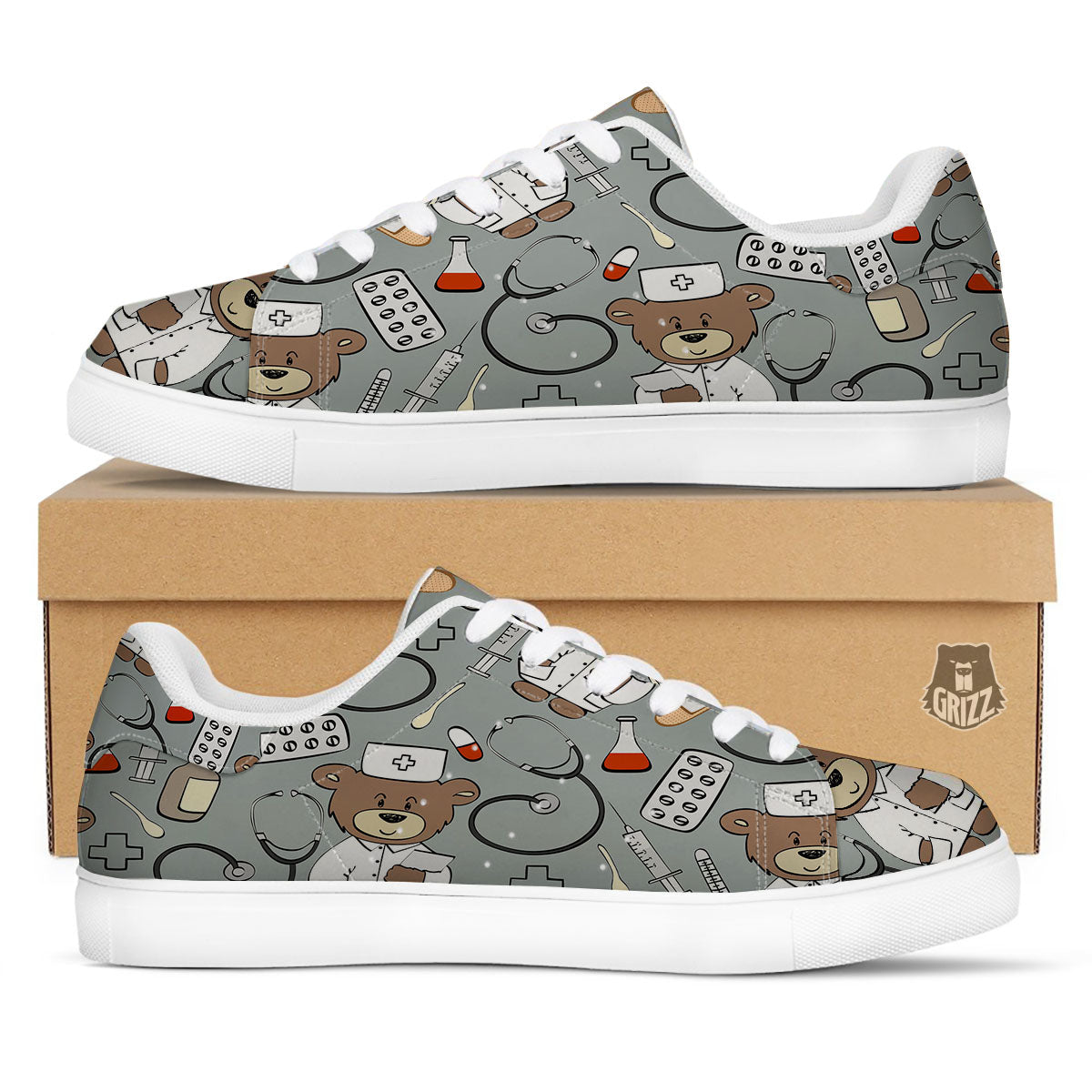 Silver Teddy Bear Nurse White Low Top Sneakers-grizzshop