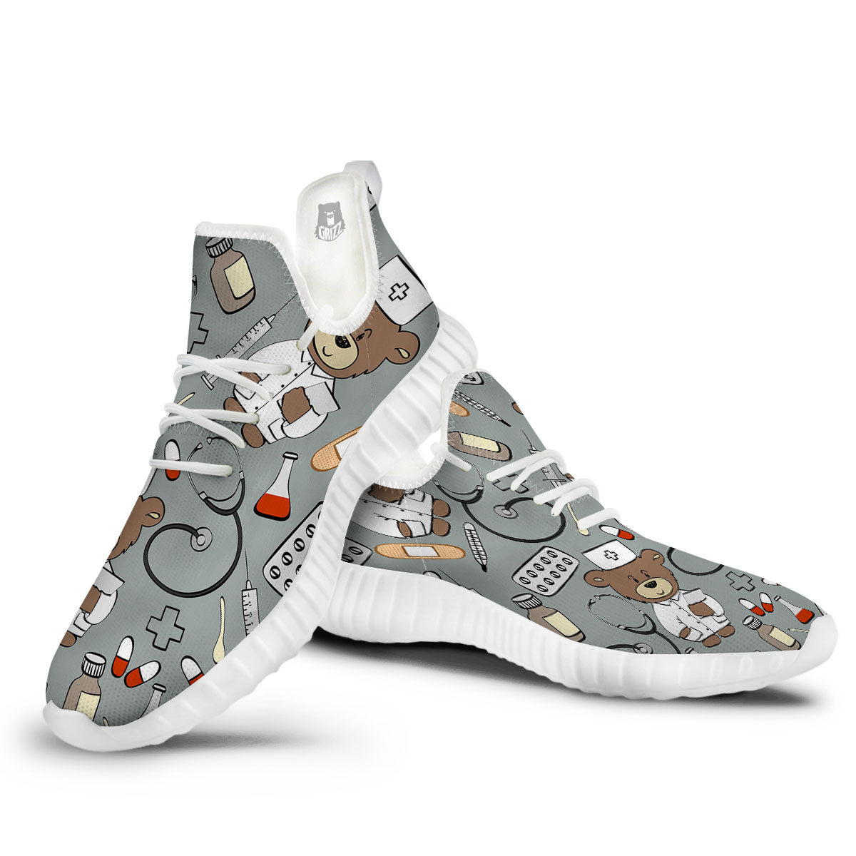Silver Teddy Bear Nurse White Walking Shoes-grizzshop
