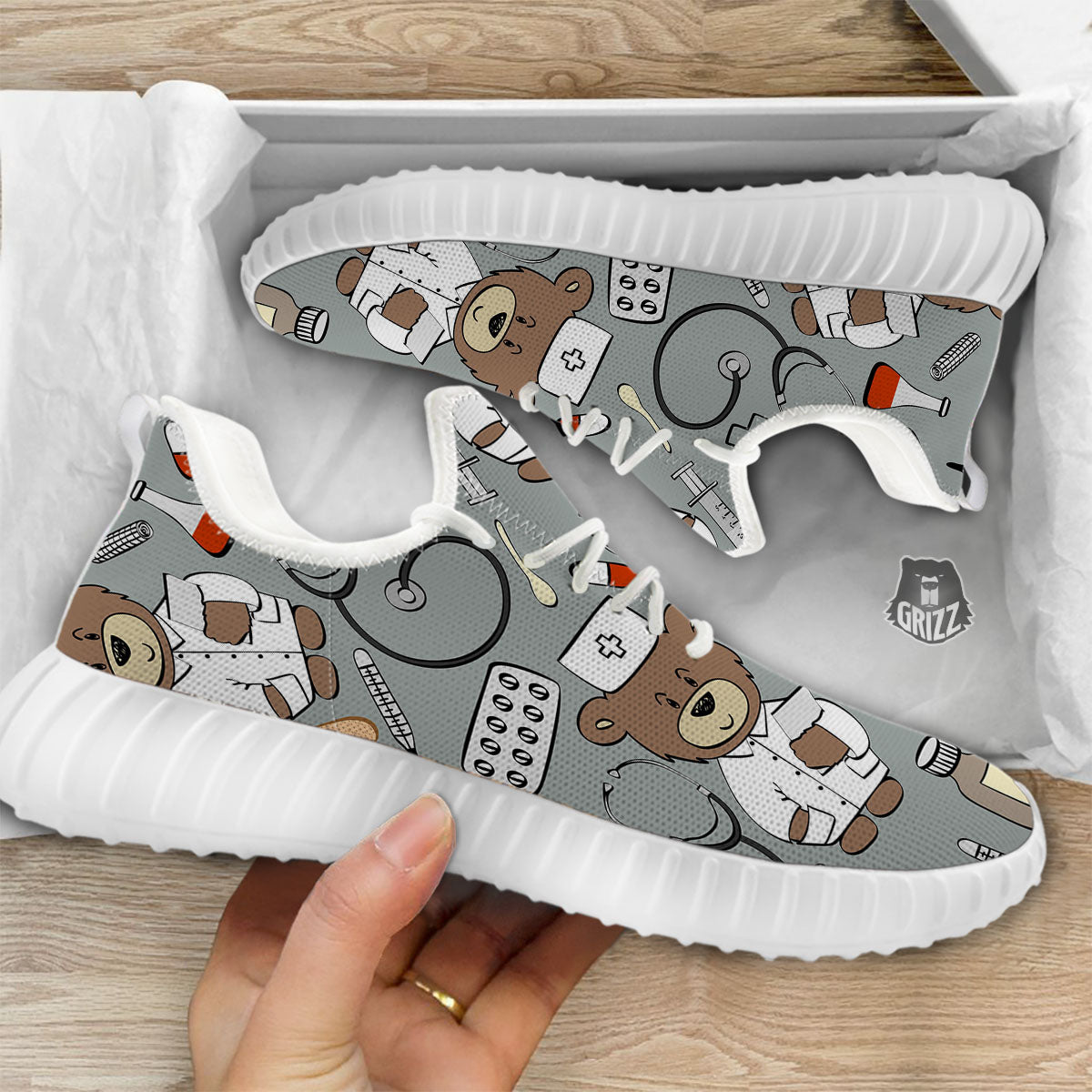 Silver Teddy Bear Nurse White Walking Shoes-grizzshop
