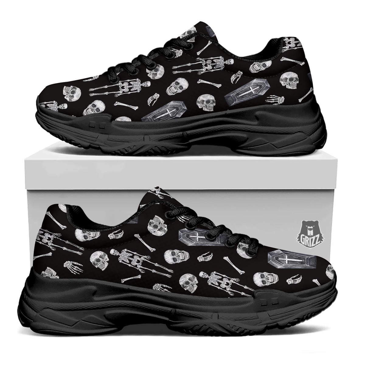 Skeleton And Tomb Print Pattern Black Chunky Shoes-grizzshop