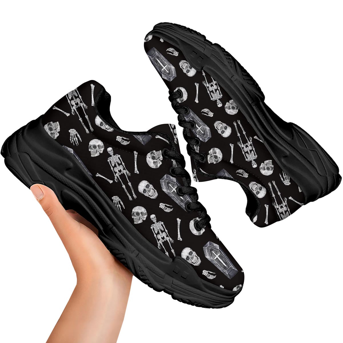 Skeleton And Tomb Print Pattern Black Chunky Shoes-grizzshop