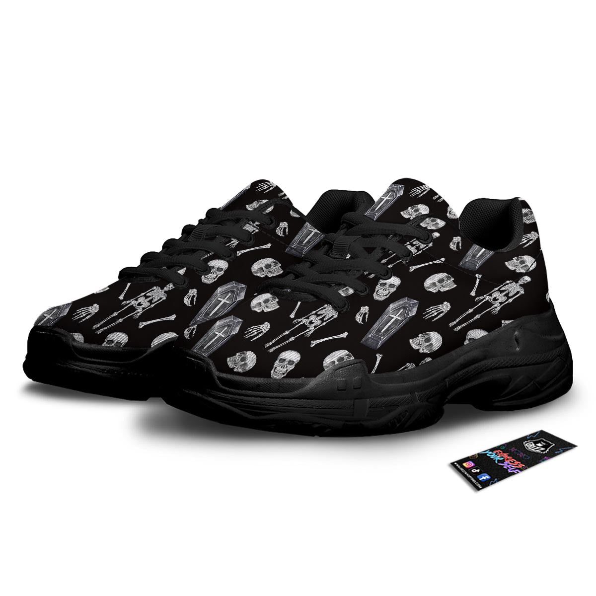 Skeleton And Tomb Print Pattern Black Chunky Shoes-grizzshop
