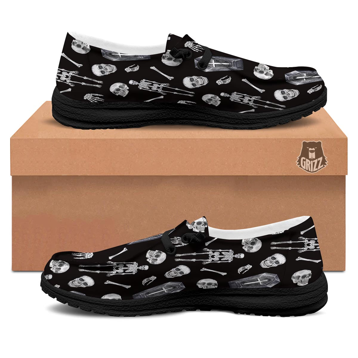 Skeleton And Tomb Print Pattern Black Loafers-grizzshop