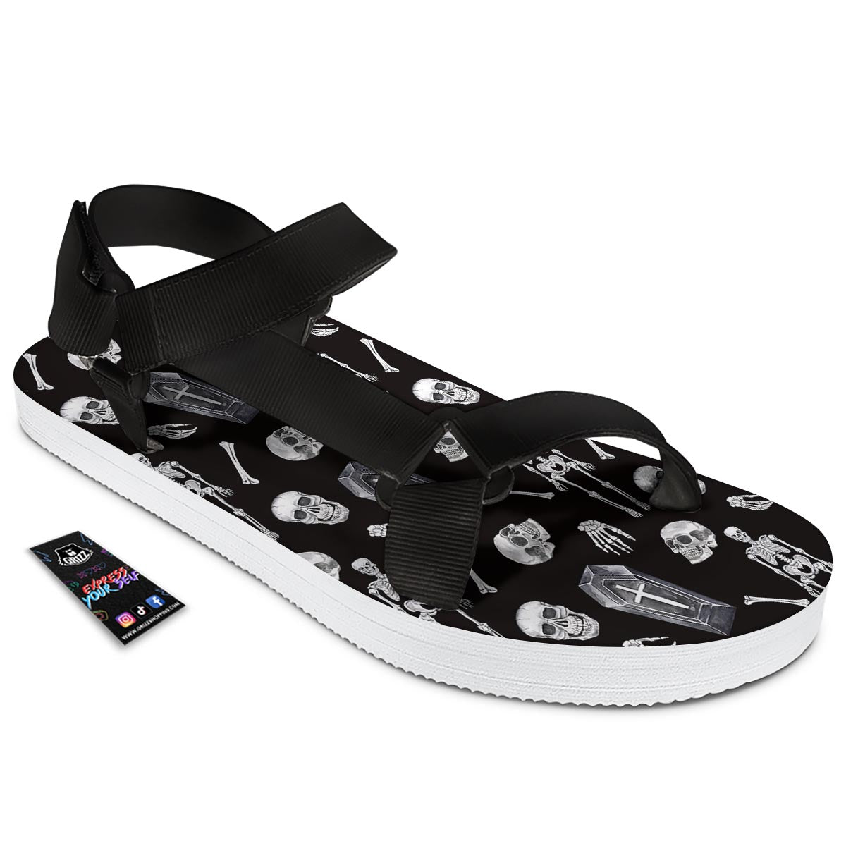 Skeleton And Tomb Print Pattern Black Open Toe Sandals-grizzshop