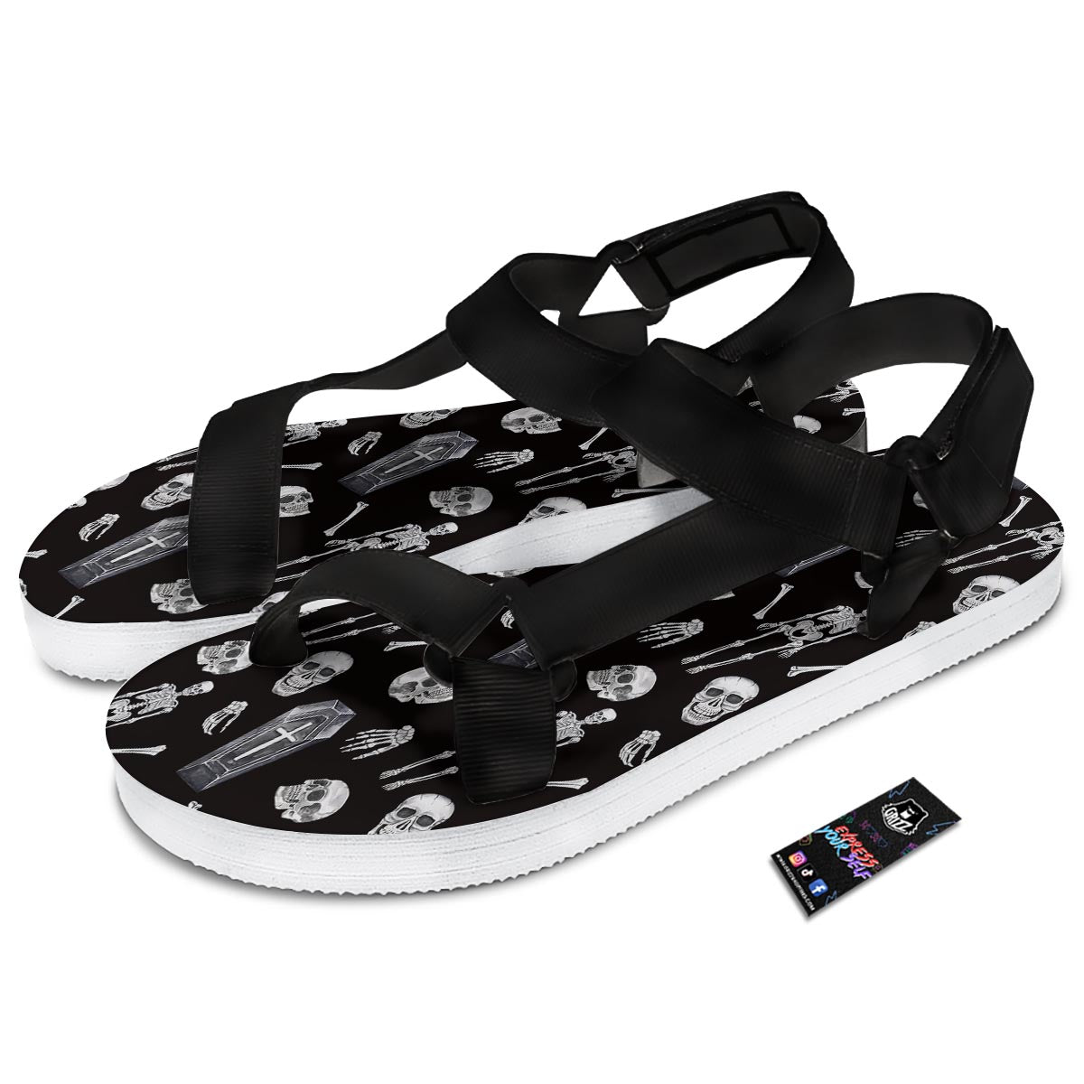 Skeleton And Tomb Print Pattern Black Open Toe Sandals-grizzshop