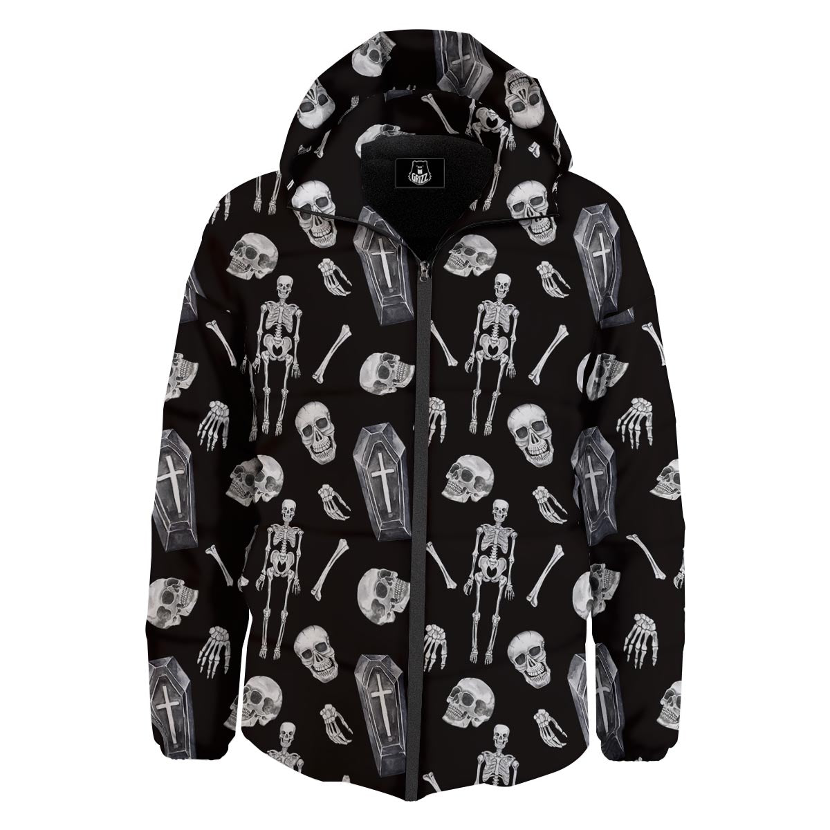 Skeleton And Tomb Print Pattern Down Jacket-grizzshop