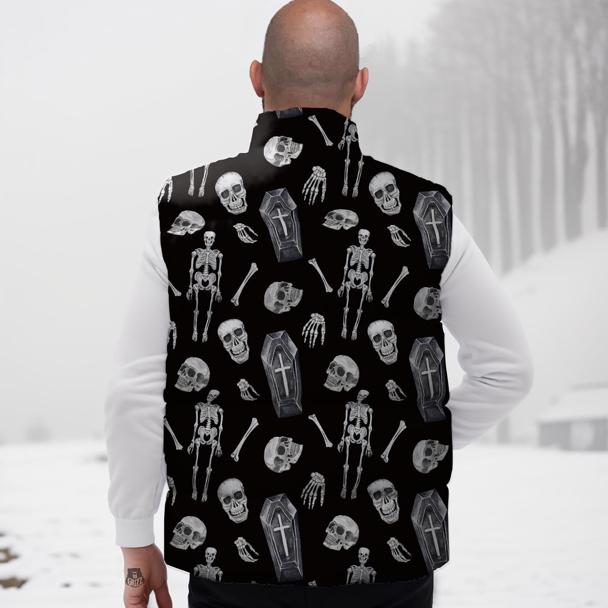 Skeleton And Tomb Print Pattern Down Vest