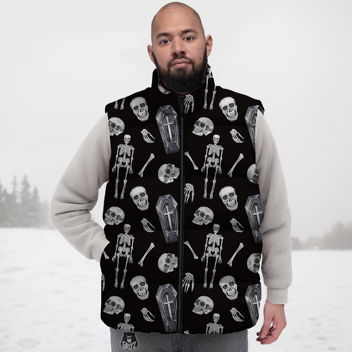 Skeleton And Tomb Print Pattern Down Vest