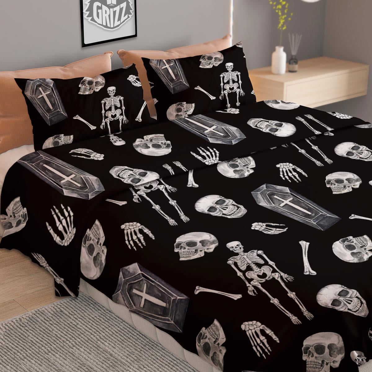 Skeleton And Tomb Print Pattern Duvet Cover Bedding Set
