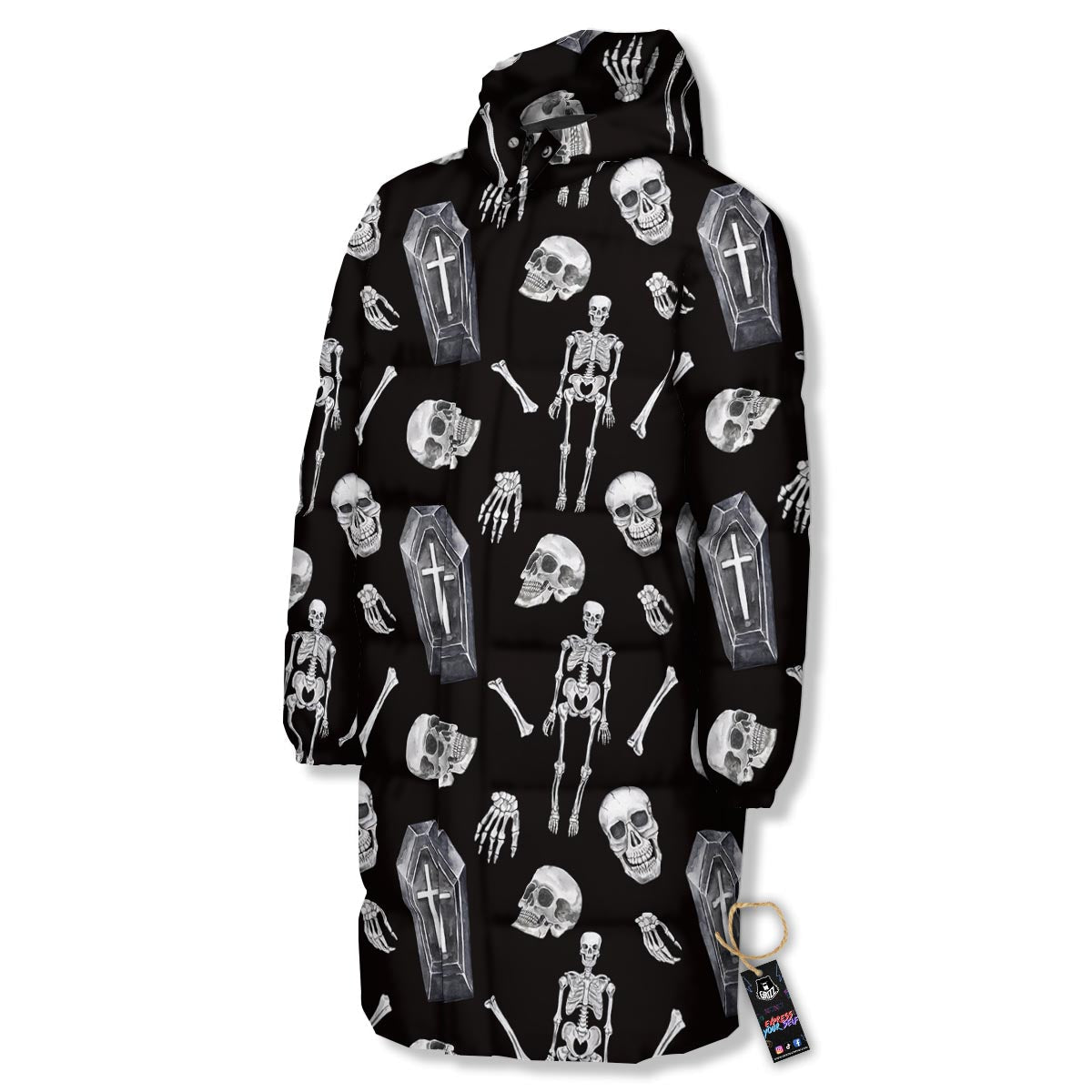 Skeleton And Tomb Print Pattern Long Down Jacket-grizzshop