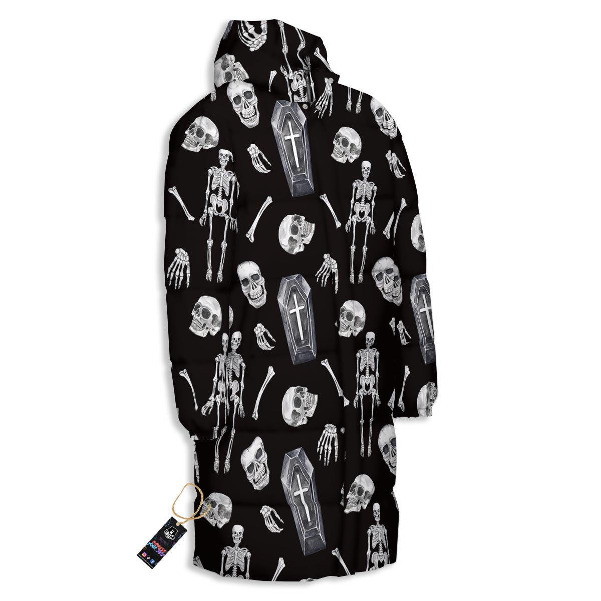Skeleton And Tomb Print Pattern Long Down Jacket-grizzshop