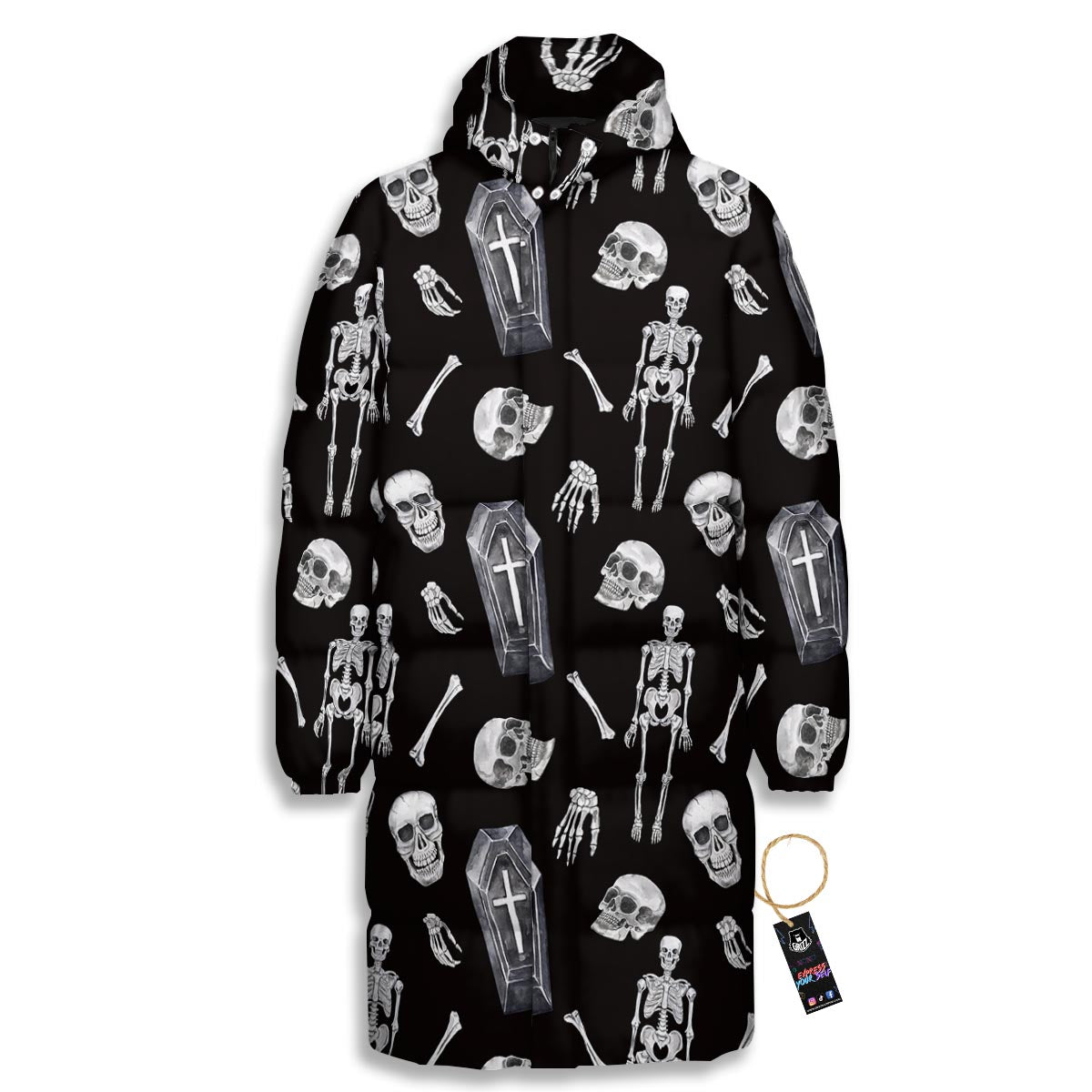Skeleton And Tomb Print Pattern Long Down Jacket-grizzshop