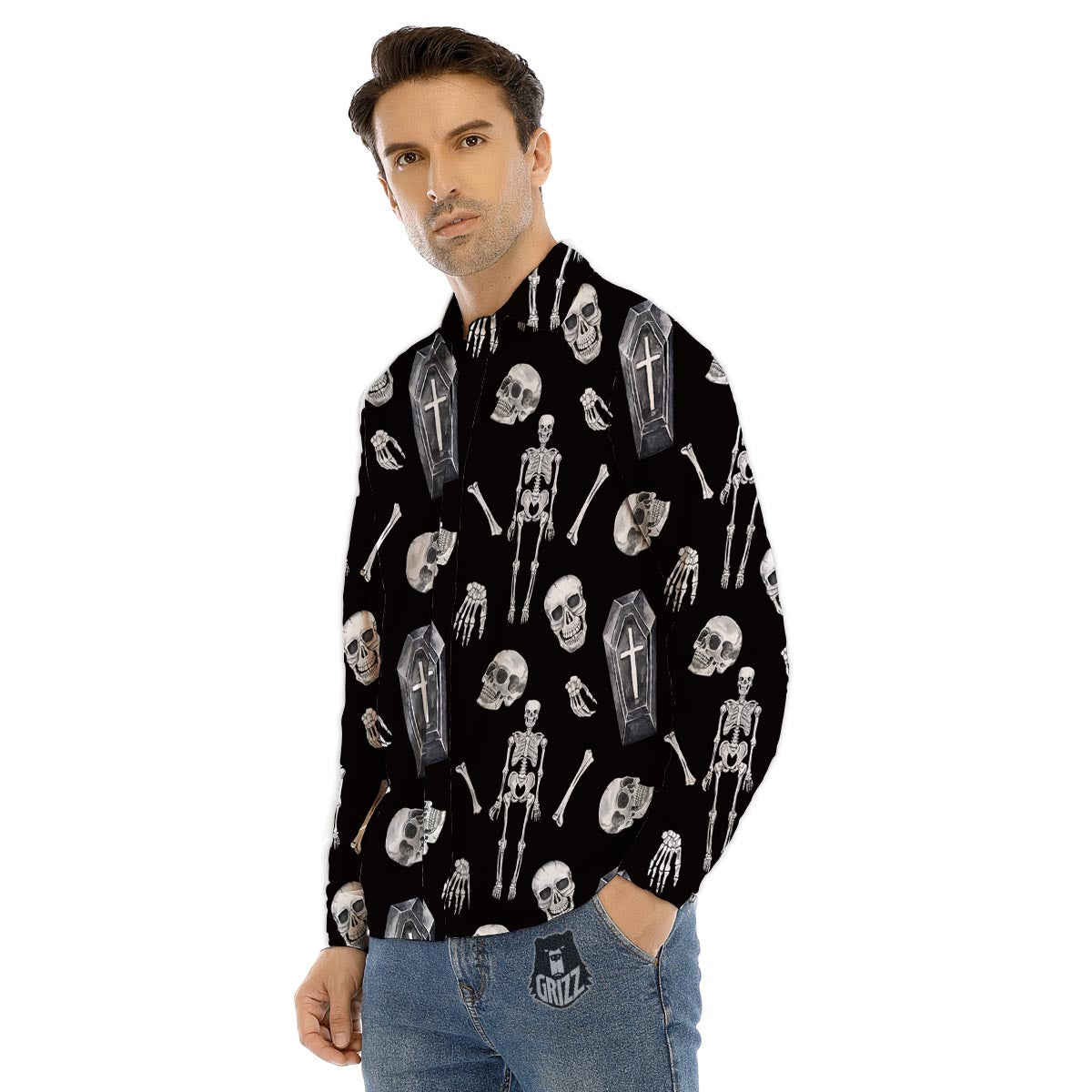 Skeleton And Tomb Print Pattern Men's Dress Shirts-grizzshop