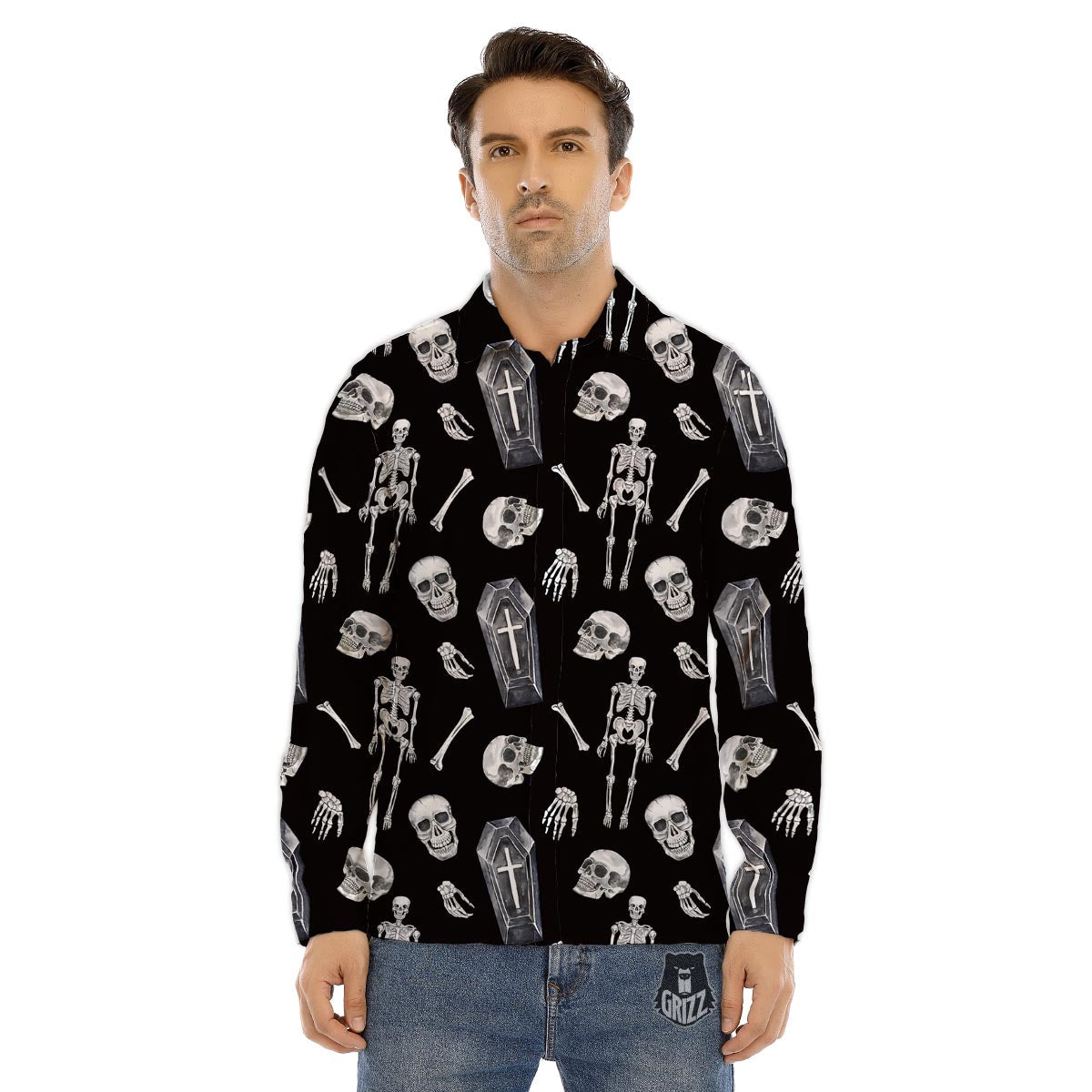 Skeleton And Tomb Print Pattern Men's Dress Shirts-grizzshop