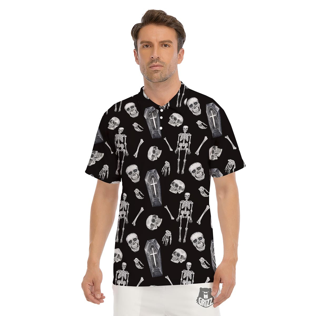 Skeleton And Tomb Print Pattern Men's Golf Shirts-grizzshop