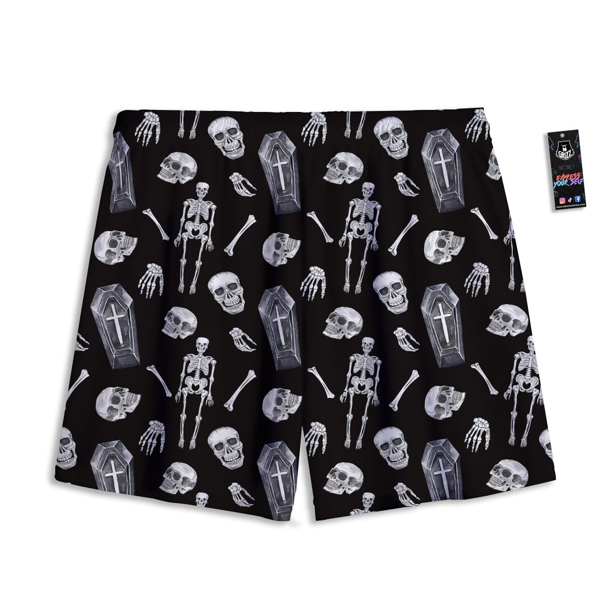 Skeleton And Tomb Print Pattern Mesh Shorts