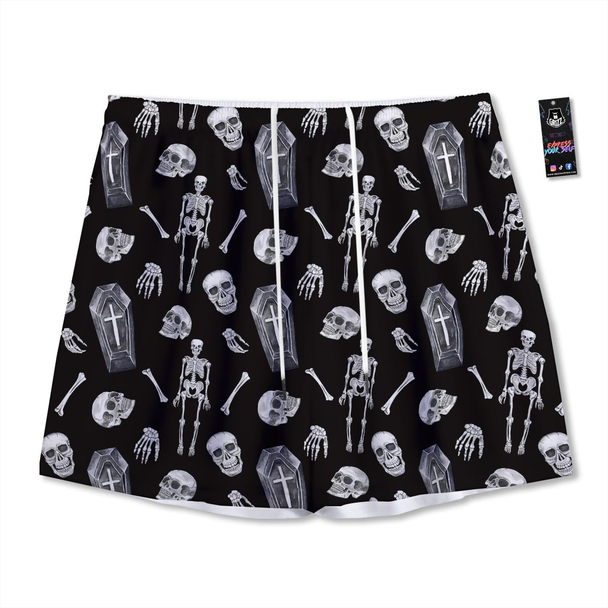 Skeleton And Tomb Print Pattern Mesh Shorts