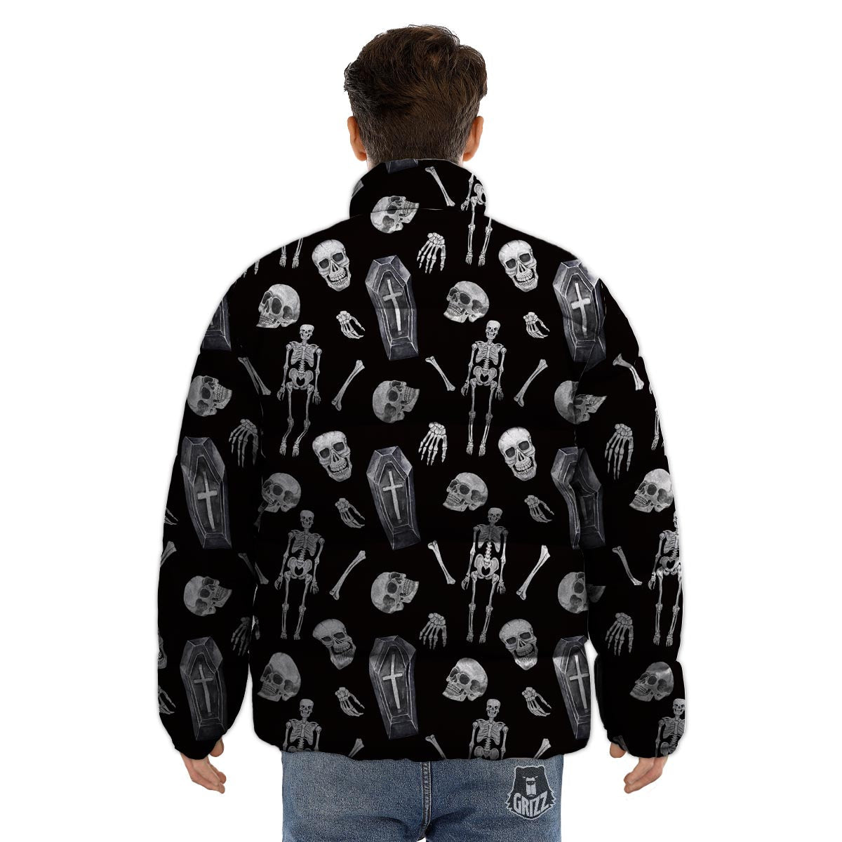 Skeleton And Tomb Print Pattern Puffer Jacket-grizzshop